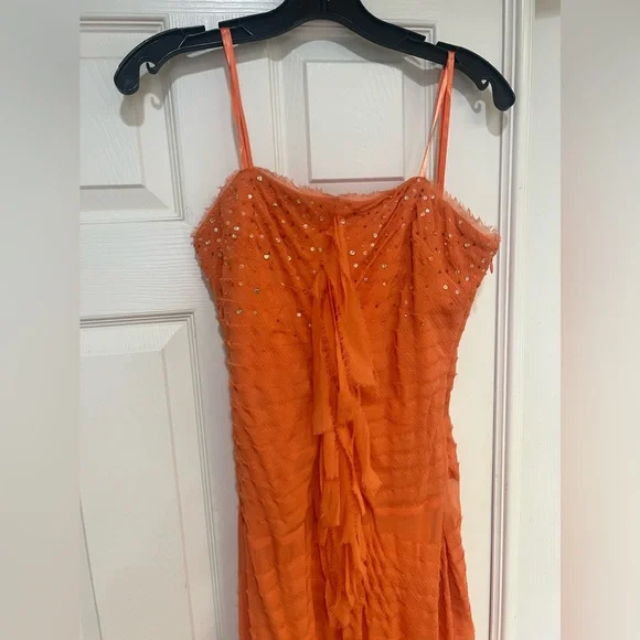 - BCBGMAXAZRIA's‎ Orange Color Ruffles sleeves Maxi formal Night Prom dress…